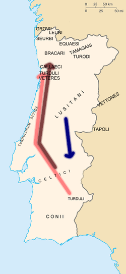 Map showing the main pre-Roman tribes in Portugal and their main migrations: Turduli movement in red, Celtici in brown, and Lusitanian in blue; most tribes neighbouring the Lusitanians were dependent on them. Names are in Latin. Mapa de Portugal tribos principais.png