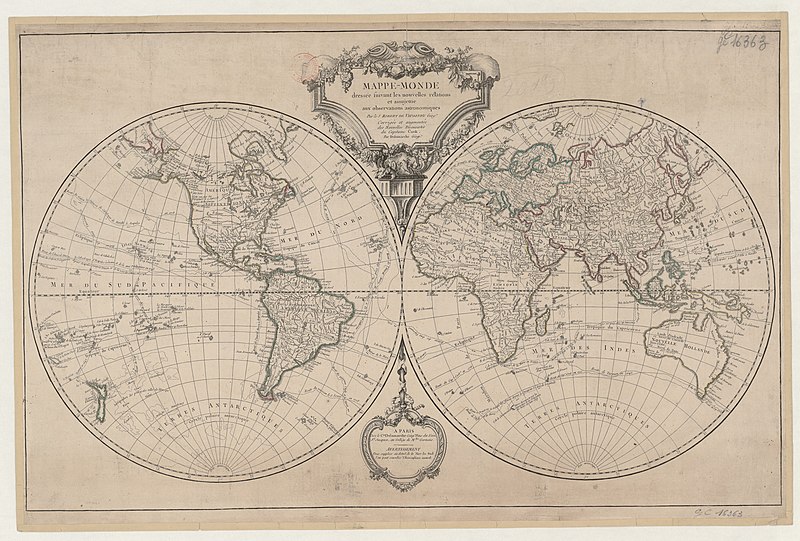 File:Mappe-monde - Dressée suivant les nouvelles relations et assujettie aux observations astronomiques par le S. Robert de Vaugondy Geogr. ; Corrigée et augmentée des Nouvelles Découvertes du Capitaine Cook par... - btv1b53176414f.jpg