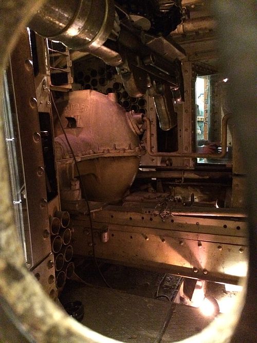 The inside of a Mark IV seen through a peephole on the starboard sponson. One machine gun is visible at the forefront above.