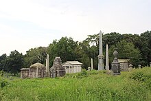 Mausoleum Hill on the Yeadon side of the cemetery Mausoleums and Obelisks in Mount Moriah Cemetery.jpg