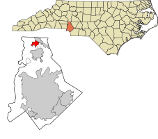 ノースカロライナ州におけるメクレンバーグ郡（上図）と同郡におけるコーネリアス町の位置