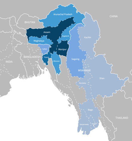 Geographical distribution of Meitei language speakers in India, Bangladesh and Myanmar