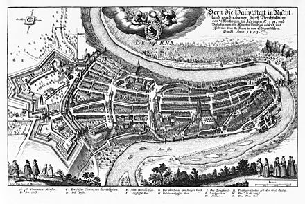 Bern um 1638, Merian-Stich,links im Bild die Schanzen