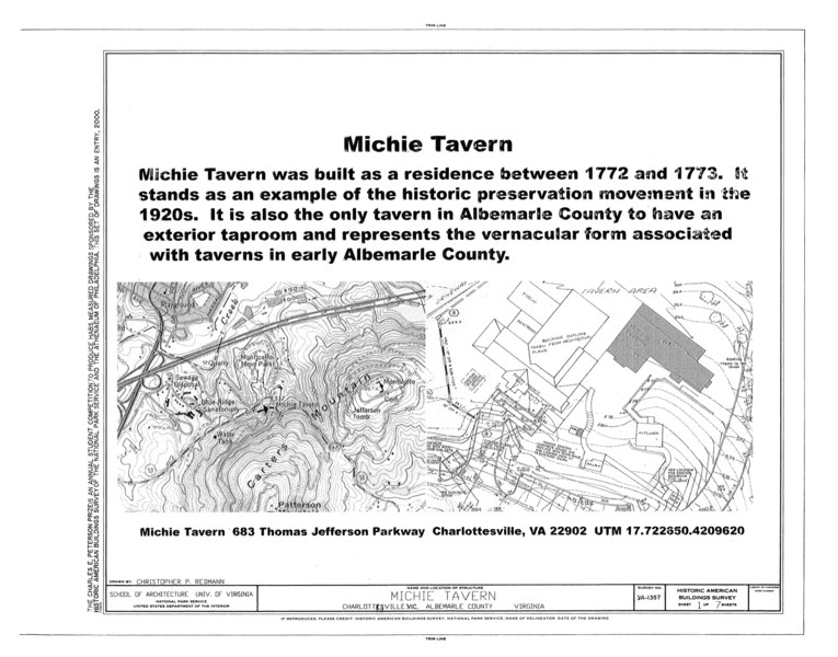 File:Michie Tavern, 683 Thomas Jefferson Parkway (moved from Buck Mountain Road), Charlottesville, Charlottesville, VA HABS VA,2-CHAR.V,10-; (sheet 1 of 7).tif