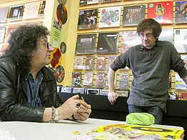 Mick Farren (left) with Patrick Boissel at the signing of the Bomp! book at Freakbeat Records in Sherman Oaks, California Mick Farren & Patrick Boissel, 2007.jpg