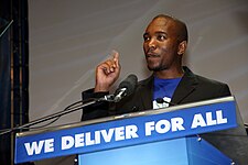 Maimane, as mayoral candidate, delivering a speech in March 2011 Mmusi Maimane Speaking.jpg