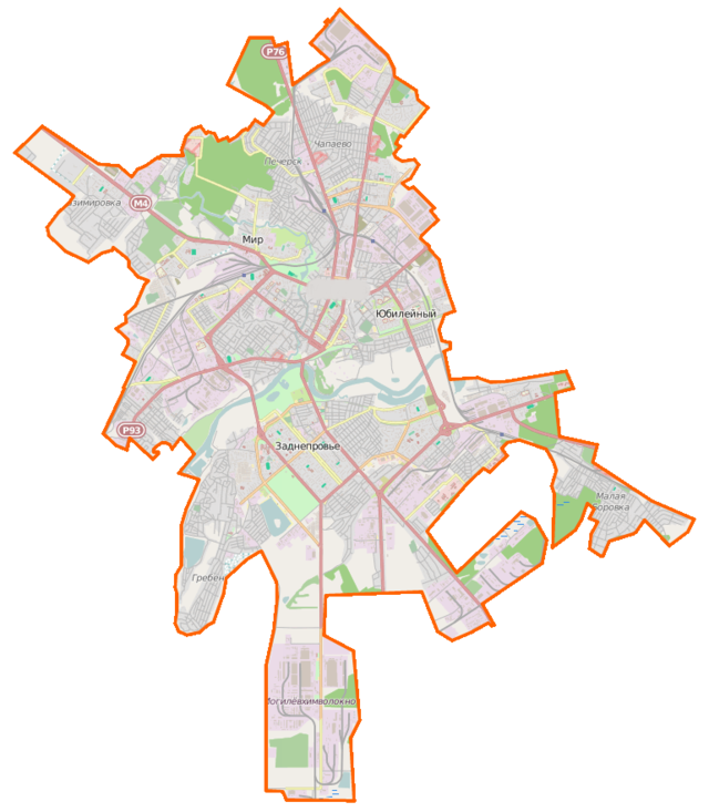 Mapa konturowa Mohylewa, w centrum znajduje się punkt z opisem „katedra Wniebowzięcia NMPi św. Stanisława”