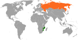 Peta yang menunjukkan lokasi dari Mozambik dan Rusia