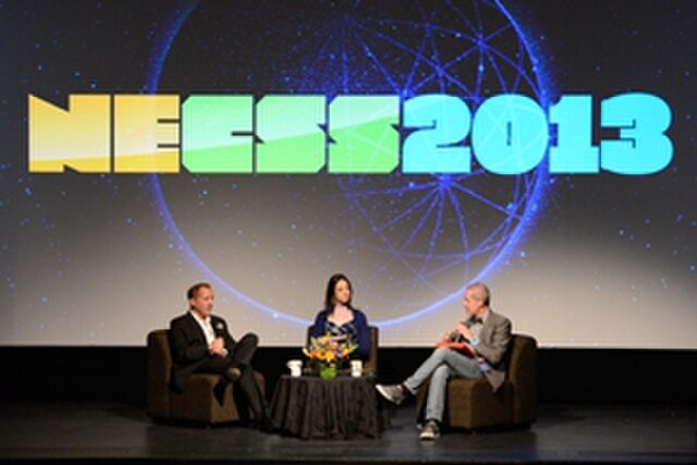 Michael Shermer, Julia Galef and Massimo Pigliucci at NECSS 2013