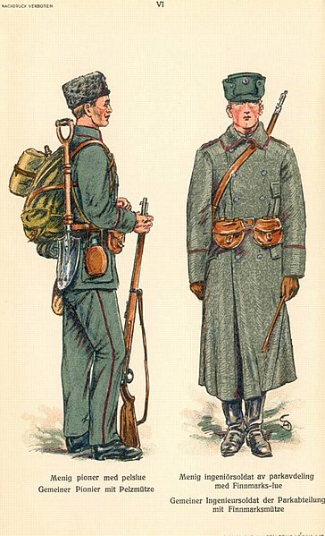 File:NORWAY ARMY UNIFORMS 1932 DEN NORSKE HÆR uniformer Forsvarsdep. Norweg. Heer Verlag Moritz Ruhl 21 VI PIONIER Pelzmutze SOLDAT Finmarkslue Artist A Sassmann unident. death active until c 1934 Norw. Ministry of Defence approved No know.jpg