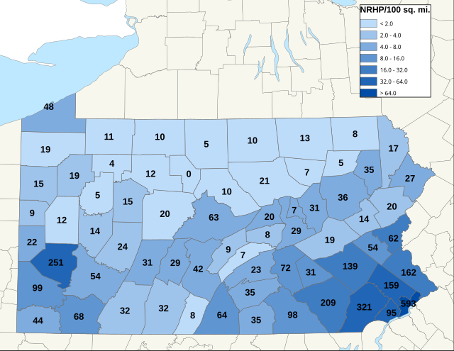 Distribuição de NRHPs nos condados da Pensilvânia.