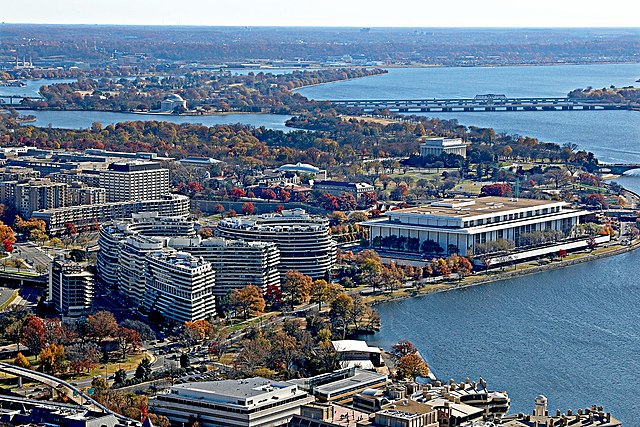The Watergate complex (left) and the Kennedy Center (right) in the Foggy Bottom neighborhood
