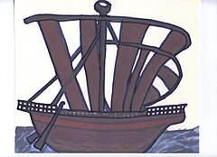 Navire marchand étrusque du Ve siècle av. J.-C. dessin inspiré de la fresque de la Tombe du Navire