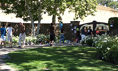 A group of people standing outside a gated area. There are trees, bushes, and grassed areas. A majority of the area the people and in are shadowed by the trees by the gate.