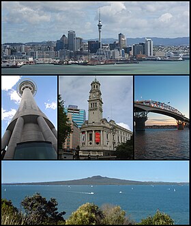 From upper left: Skyline of Auckland CBD, Sky Tower, Town Hall, Auckland Harbour Bridge, Rangitoto Island