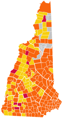 New Hampshire results by municipality
Mitt Romney
Ron Paul
Jon Huntsman
Not reported New Hampshire Republican Presidential Primary Election Results by Town, 2012.png