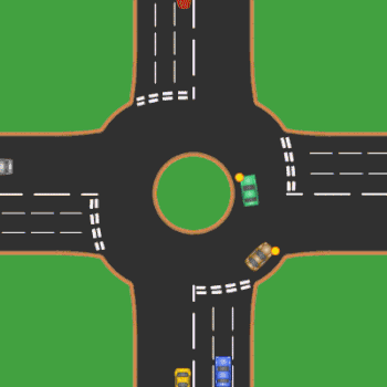 Diagrama del movimiento del tráfico dentro de una glorieta para cualquier país donde se conduzca por la derecha.