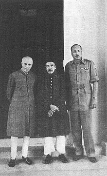 (From left to right): Prime Minister Jawaharlal Nehru, Nizam Mir Sir Osman Ali Khan, and Jayanto Nath Chaudhuri after Hyderabad's accession to the Dominion of India. OsmanNehruJN.jpg
