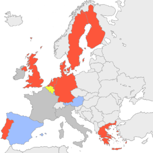 The member-states of the European Union by the European party affiliations of their leaders, as of 1 January 2001. Party affiliations in the Council of the EU (Jan 2001).png