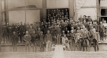 The Nationalist Clubs made common cause with the Midwestern agrarian reformers of the People's Party, shown here in an 1890 convention photo made in Nebraska. Peoples Party at Columbus Nebraska.jpg