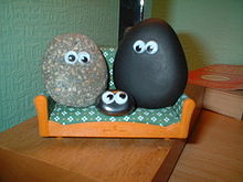 Pet rocks with googly eyes, a novelty item popularized during the 1970s Pet rock.jpg