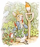 Illustration of Peter Rabbit eating radishes, from The Tale of Peter Rabbit (1901) by British author and illustrator Beatrix Potter