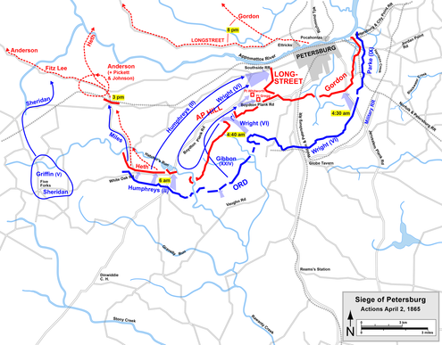 Grant's final assaults and Lee's retreat (start of the Appomattox Campaign) Petersburg Apr2.png