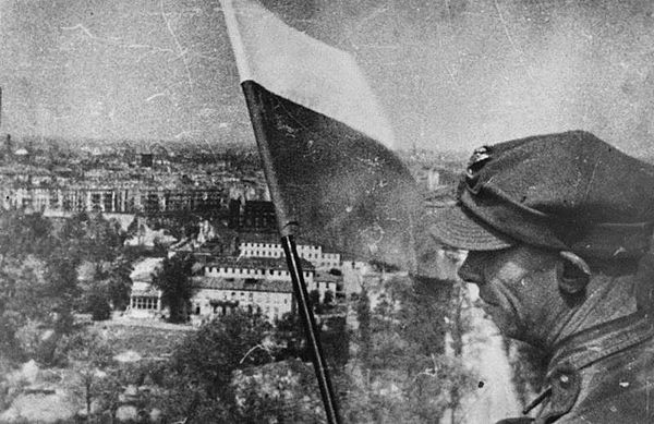 Polish flag raised over Berlin on the Victory Column; World War II, 2 May 1945