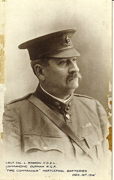 Photograph of Lt Col Lancelot Robson, VD, Commanding Durham RGA, Fire Commander, Hartlepool Batteries, on 16 December 1914 during the bombardment.