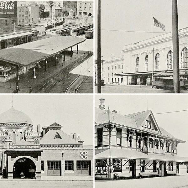 Pre-unification passenger railway stations of Los Angeles, c. 1920 (clockwise from top left): Pacific Electric Building (Pacific Electric), Central St