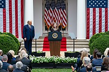 Amy Coney Barrett speaks in the Rose Garden after being officially nominated by President Trump, September 26, 2020 President Trump Nominates Judge Amy Coney Barrett for Associate Justice of the U.S. Supreme Court (50397942532).jpg