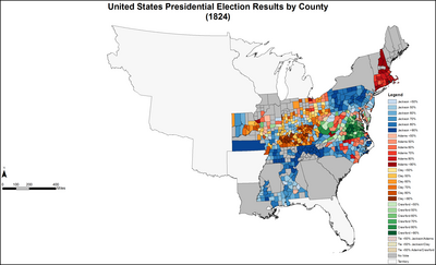 Results by county explicitly indicating the percentage of the winning candidate in each county. Shades of blue are for Jackson (Democratic-Republican), shades of red are for Adams (Democratic-Republican), shades of yellow are for Clay (Democratic-Republican), and shades of green are for Crawford (Democratic-Republican). PresidentialCounty1824Colorbrewer.png