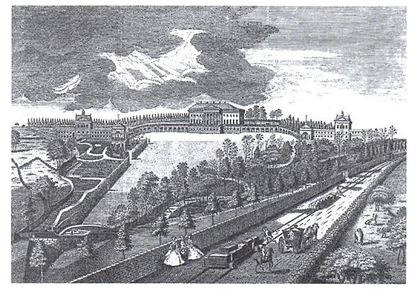 Prior Park above Ralph Allen's railway in 1750, from an engraving by Anthony Walker