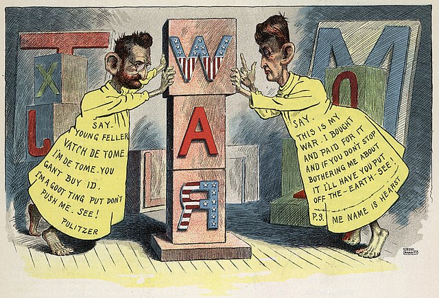 An 1898 editorial cartoon by Leon Barritt depicts Pulitzer and Hearst each pushing for war with Spain.