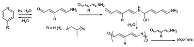 Formation of polyazaacetylenes from poly-(4-vinyl)pyridine under ultraviolet light Pyridine condensation to form a conducting polymer under ultraviolet irradiation.png