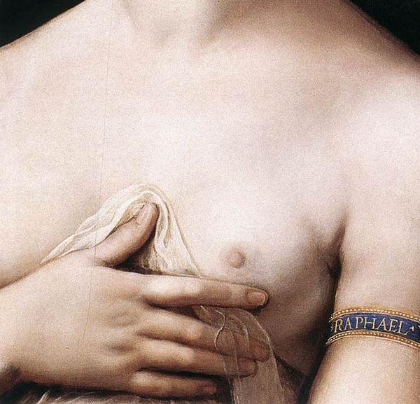 Detail of La Fornarina (1518–19) by Raphael, shows delicate modelling chiaroscuro in the body of the model, for example in the shoulder, breast, and a