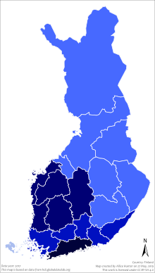 Map of the Finnish regions by Human Development Index in 2017.
Legend:
.mw-parser-output .legend{page-break-inside:avoid;break-inside:avoid-column}.mw-parser-output .legend-color{display:inline-block;min-width:1.25em;height:1.25em;line-height:1.25;margin:1px 0;text-align:center;border:1px solid black;background-color:transparent;color:black}.mw-parser-output .legend-text{}
0.936
0.914
0.909
0.907
0.894 Regions of Finland by HDI (2017).svg