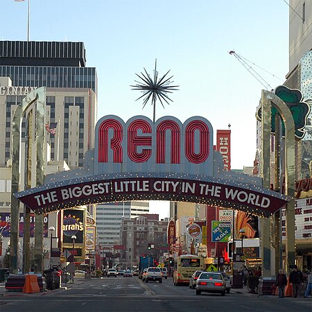 Reno proudly displays its nickname as "The Biggest Little City in the World" on a large sign above a downtown street. Reno arch.jpg