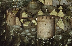 幻日之画的细节，并描绘著比尔耶尔塔（左侧建筑）的存在