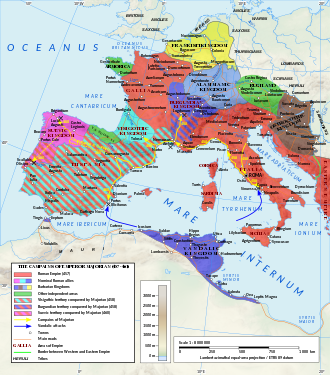 Map of the Roman Empire (red) and the new barbarian kingdoms in the west in 460 Roman Empire 460 CE.svg