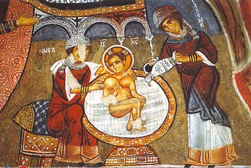 Salome (right) and the midwife (left), bathing the infant Jesus, is a common figure in Orthodox icons of the Nativity (fresco, 12th century, "Dark Church", Open Air Museum, Goreme, Cappadocia.