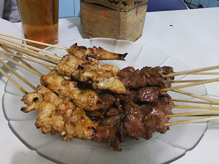 Indonesia sate kambing (goat sate — on the right) and sate ayam (chicken sate — on the left)
