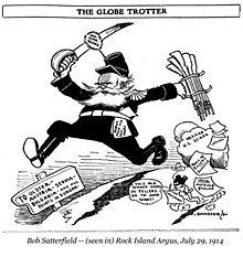 Cartoon titled "The Globe Trotter" in U.S. newspaper Rock Island Argus on 29 July 1914 depicting "General War Scare" running from resolved US-Mexico tension to "all points in Europe" Satterfield cartoon about war scares in Europe.jpg