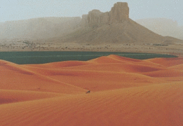 The An Nafud desert in the outskirts of Riyadh with the Jabal Tuwaiq in the background