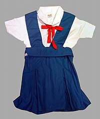 Una blusa blanca de manga corta con un higo rojo y combinada con una falda de peto azul francés.