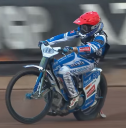 Qualifying for the 2019 Slovenian Grand Prix Screenshot Leon Madsen in action, Danish speedway rider.png