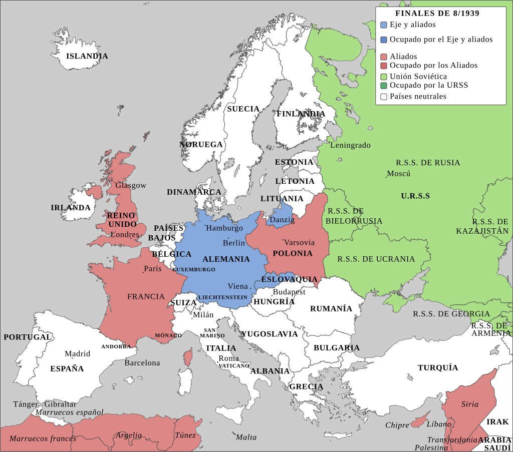 La Segunda Guerra Mundial. 1024px-Second_World_War_Europe_08_1939_es.svg