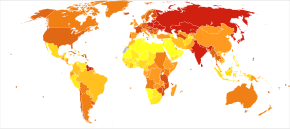 Deaths from self-harm per million people in 2012
.mw-parser-output .div-col{margin-top:0.3em;column-width:30em}.mw-parser-output .div-col-small{font-size:90%}.mw-parser-output .div-col-rules{column-rule:1px solid #aaa}.mw-parser-output .div-col dl,.mw-parser-output .div-col ol,.mw-parser-output .div-col ul{margin-top:0}.mw-parser-output .div-col li,.mw-parser-output .div-col dd{page-break-inside:avoid;break-inside:avoid-column}
.mw-parser-output .legend{page-break-inside:avoid;break-inside:avoid-column}.mw-parser-output .legend-color{display:inline-block;min-width:1.25em;height:1.25em;line-height:1.25;margin:1px 0;text-align:center;border:1px solid black;background-color:transparent;color:black}.mw-parser-output .legend-text{}
no data
3-23
24-32
33-49
50-61
62-76
77-95
96-121
122-146
147-193
194-395 Self-harm world map-Deaths per million persons-WHO2012.svg