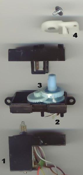 Small R/C servo mechanism. 1. electric motor 2. position feedback potentiometer 3. reduction gear 4. actuator arm