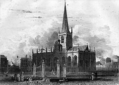 engraving of exterior of church, showing spire and grounds